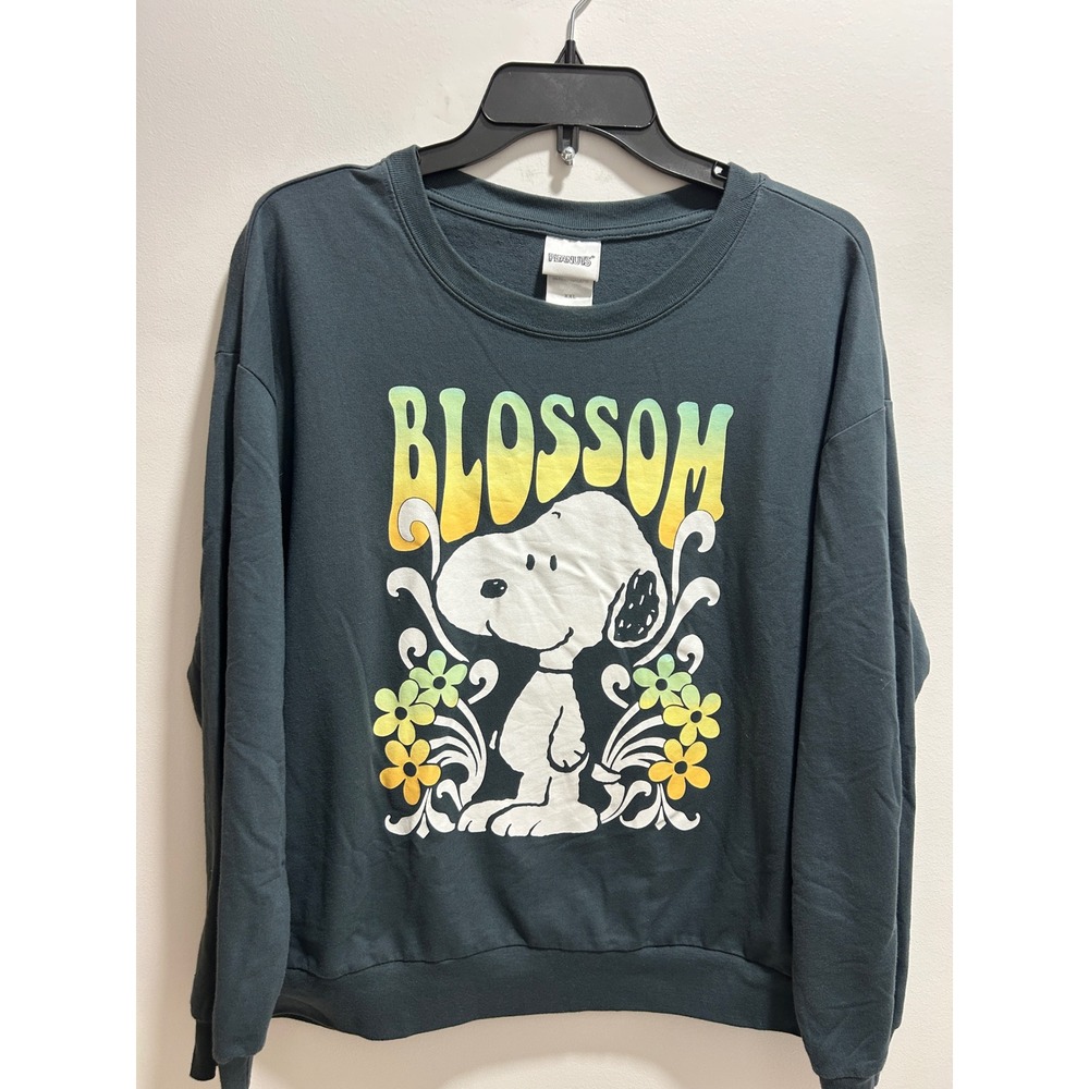Peanuts Snoopy Blossom Graphic Sweatshirt Teal Green Retro Floral Soft Pullover